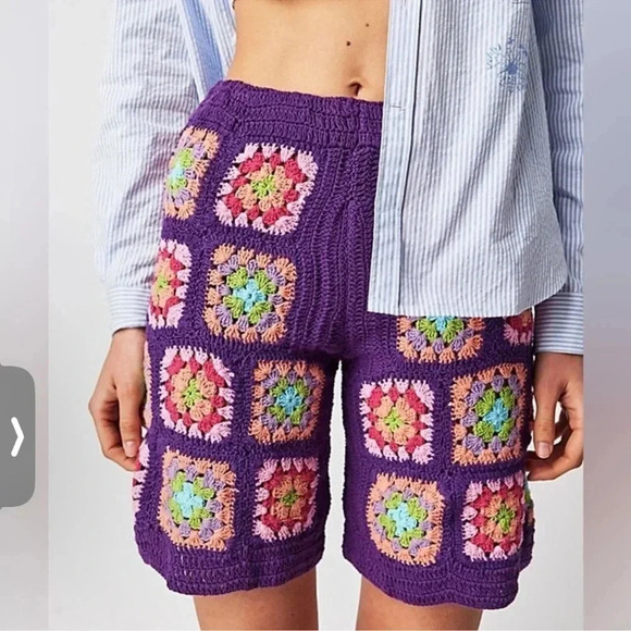 NWT Free People x Flook Crochet Shorts Knit Sweater Long Bermuda Patch Purple - Picture 1 of 10